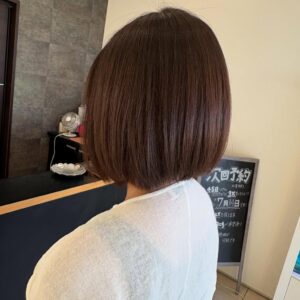 Back view of a person with a straight brown bob haircut in a hair salon setting