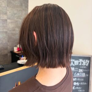 Back of a persons head with a sleek brown bob haircut in a salon setting